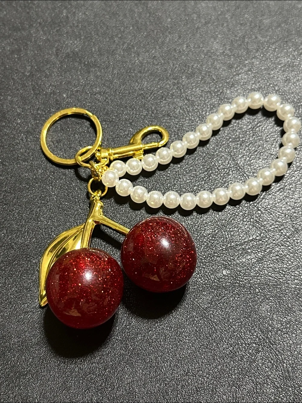 223.  Cherry Gold Tone Key Chain / Bag Charm With Faux Pearl Wrist Strap